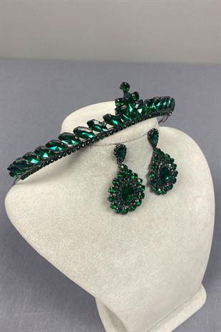 Green Ece Bridal Henna Crown and Almond Shuttle Stone Earring Set