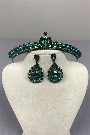 Green Ece Bridal Henna Crown and Almond Shuttle Stone Earring Set