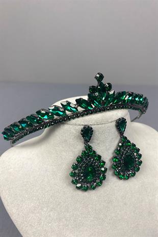 Green Ece Bridal Henna Crown and Almond Shuttle Stone Earring Set