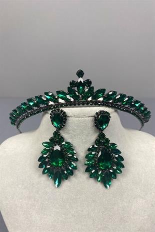 Yeşil Ece Gelin Kına Tacı Ve Damla Mekik Küpe Seti