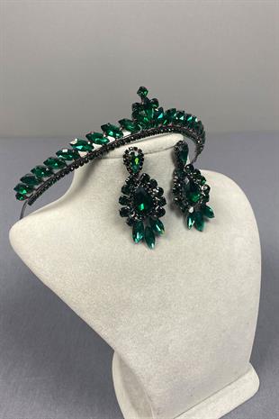 Green Ece Bridal Henna Crown and Drop Shuttle Stone Earring Set