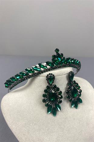 Green Ece Bridal Henna Crown and Drop Shuttle Stone Earring Set