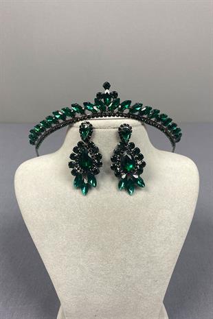 Green Ece Bridal Henna Crown and Drop Shuttle Stone Earring Set
