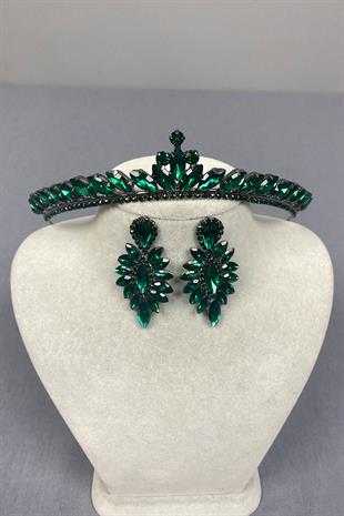 Green Ece Bridal Henna Crown and Thin Shuttle Stone Earrings