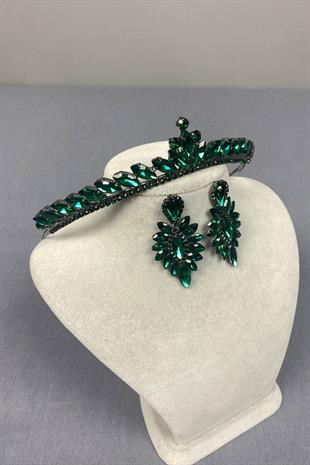 Green Ece Bridal Henna Crown and Thin Shuttle Stone Earrings
