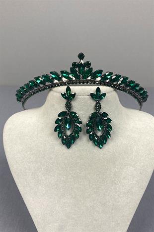 Green Ece Bridal Henna Crown and Shuttle Stone Earrings