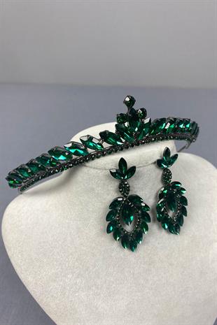 Green Ece Bridal Henna Crown and Shuttle Stone Earrings