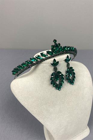 Green Ece Bridal Henna Crown and Shuttle Stone Earrings