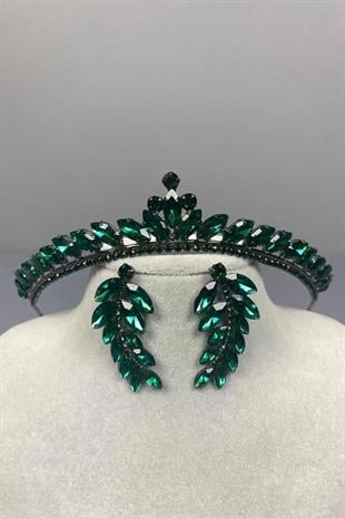 Yeşil Ece Gelin Kına Tacı Ve Yaprak Taşlı Küpe