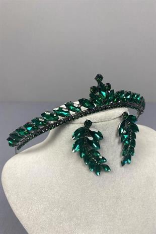 Yeşil Ece Gelin Kına Tacı Ve Yaprak Taşlı Küpe