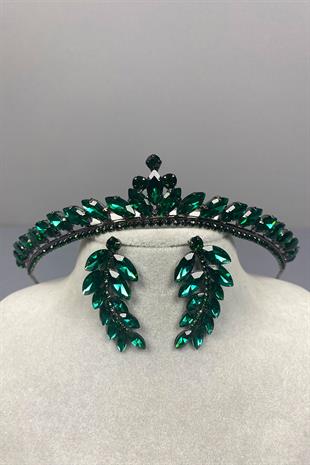 Green Ece Bridal Henna Crown and Leaf Stone Earrings