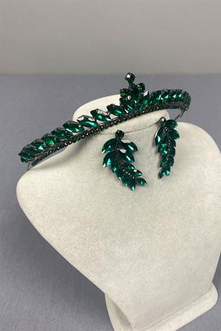 Green Ece Bridal Henna Crown and Leaf Stone Earrings
