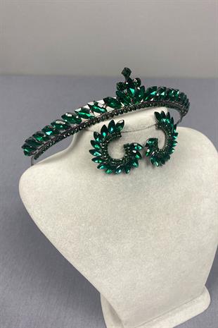 Green Ece Bridal Henna Crown and Round Stone Earring Set