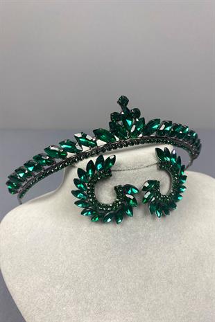 Green Ece Bridal Henna Crown and Round Stone Earring Set