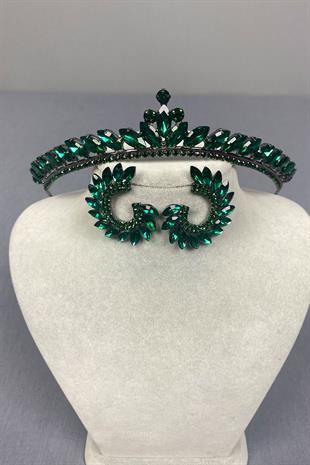 Green Ece Bridal Henna Crown and Round Stone Earring Set