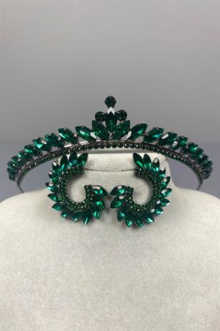 Green Ece Bridal Henna Crown and Round Stone Earring Set
