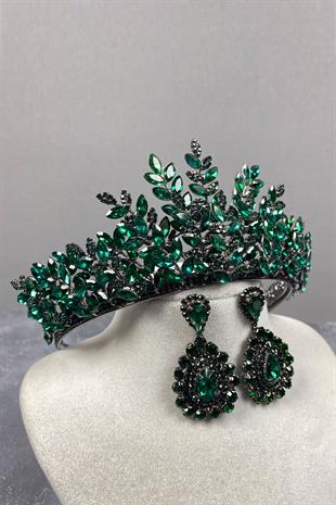 Green Ezel 3D Bridal Henna Crown And Earring Set With Drop Stone