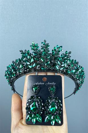 Green Ezel 3D Bridal Henna Crown And Shuttle Drop Earring Set