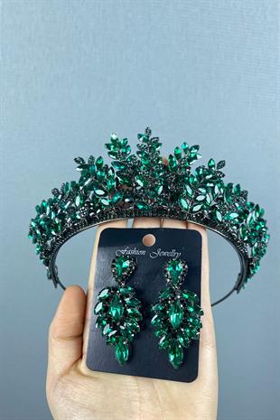Green Ezel 3D Bridal Henna Crown And Stud Earring Set