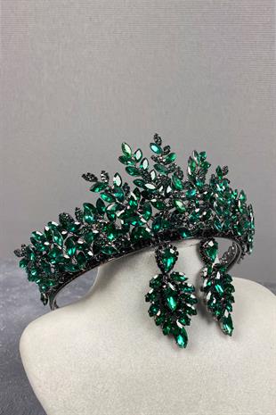 Green Ezel 3D Bridal Henna Crown And Stud Earring Set