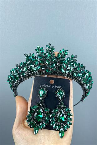 Green Ezel 3D Bridal Henna Crown And Earring Set