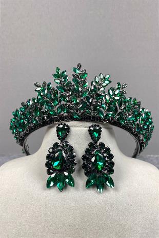 Green Ezel 3D Bridal Henna Crown And Shuttle Drop Earring Set