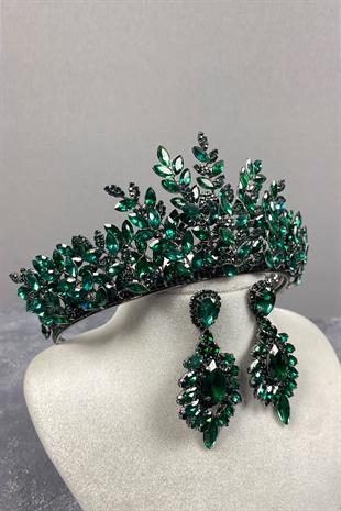 Green Ezel 3D Bridal Henna Crown And Earring Set