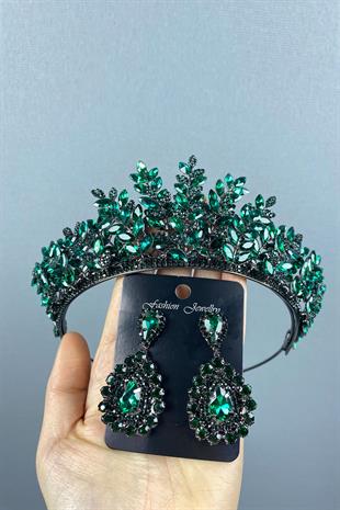 Green Ezel 3D Bridal Henna Crown And Earring Set With Drop Stone