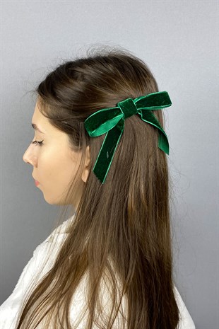 Yeşil Fiyonklu Kadife Kurdeleli Saç Tokası