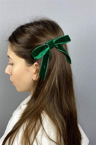 Yeşil Fiyonklu Kadife Kurdeleli Saç Tokası