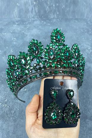 Green Godiva High Bridal Henna Crown And Drop Stone Earrings