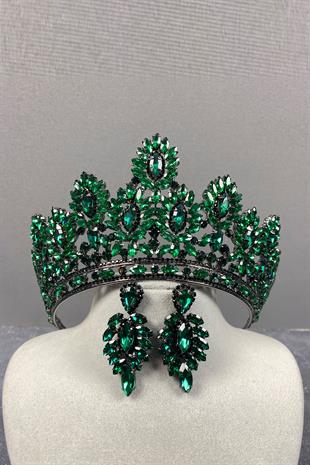 Green Godiva High Bridal Henna Tiara and Shuttle Stone Evening Dress Earrings Set