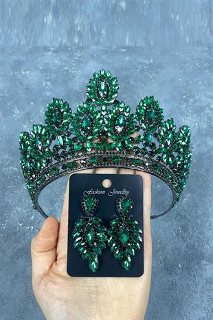 Green Godiva High Bridal Henna Tiara and Shuttle Stone Evening Dress Earrings Set