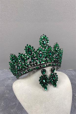 Green Godiva High Bridal Henna Tiara and Shuttle Stone Evening Dress Earrings Set