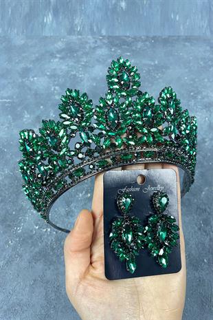 Green Godiva High Bridal Henna Tiara and Shuttle Stone Evening Dress Earrings Set