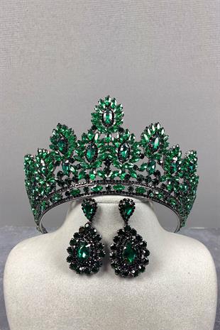 Green Godiva High Bridal Henna Crown And Drop Stone Earrings