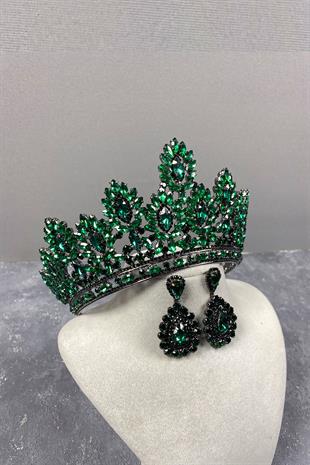 Green Godiva High Bridal Henna Crown And Drop Stone Earrings