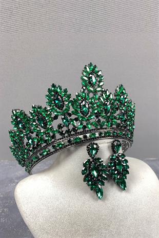 Green Godiva High Bridal Henna Tiara and Shuttle Stone Evening Dress Earrings Set