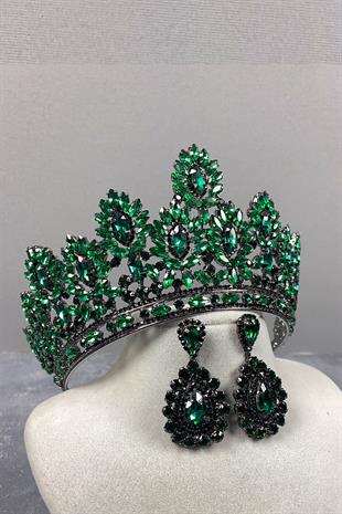 Green Godiva High Bridal Henna Crown And Drop Stone Earrings