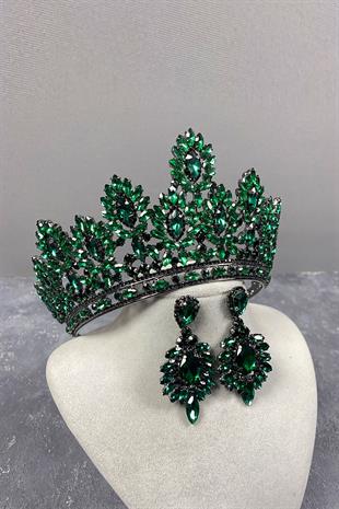 Green Godiva High Bridal Henna Crown And Shuttle Evening Dress Earrings