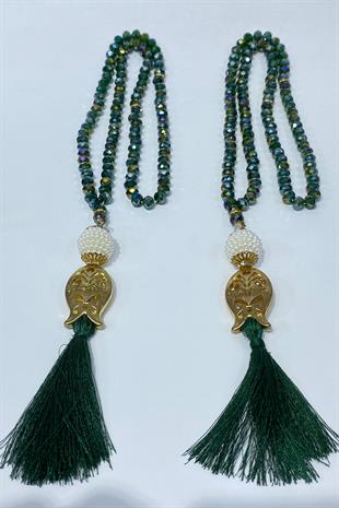 Yeşil Hediyelik Laleli Püsküllü Kristal Boncuklu 99 Lu Namaz Tesbihi ( Mevlüt-sünnet-hac-umre)