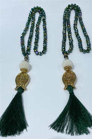 Yeşil Hediyelik Laleli Püsküllü Kristal Boncuklu 99 Lu Namaz Tesbihi ( Mevlüt-sünnet-hac-umre)