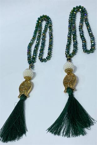 Yeşil Hediyelik Laleli Püsküllü Kristal Boncuklu 99 Lu Namaz Tesbihi ( Mevlüt-sünnet-hac-umre)