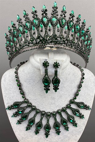 Green Henna Bridal Henna Crown Necklace Earring Set