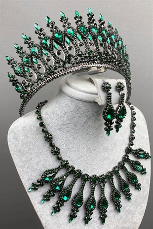 Green Henna Bridal Henna Crown Necklace Earring Set