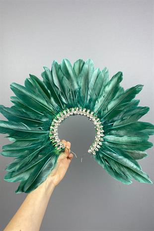 Green Hera Feathered Stone Bridal Henna Crown Accessory