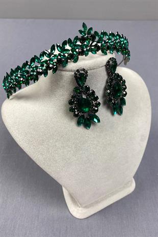 Green Thin Elegant Vera Bridal Henna Crown And Drop Shuttle Earrings
