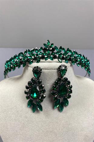 Green Thin Elegant Vera Bridal Henna Crown And Drop Shuttle Earrings