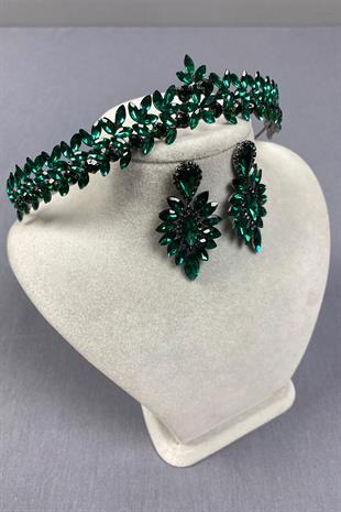 Green Thin Elegant Vera Bridal Henna Crown and Shuttle Earrings