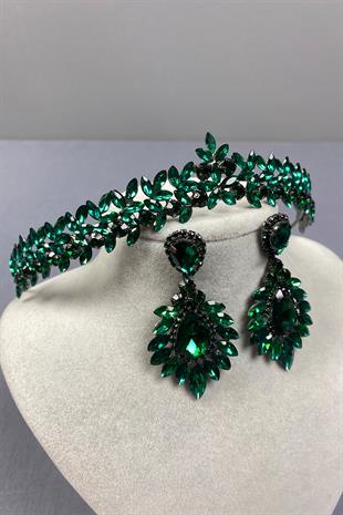 Green Thin Elegant Vera Bridal Henna Crown and Drop Shuttle Earrings